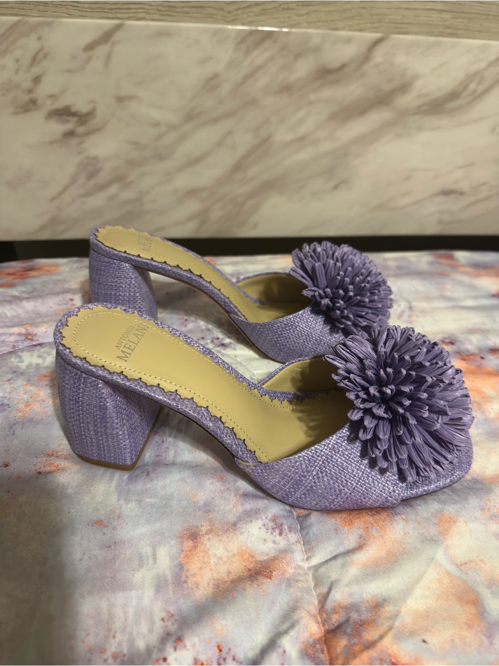 ANTONIO MELANI Lilac Pom-Pom Block Heel Mules